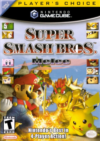 Super Smash Bros. Melee for Nintendo GameCube fighting party game featuring Mario Link Pikachu multiplayer versus mode competitive platform brawler gameplay cover art