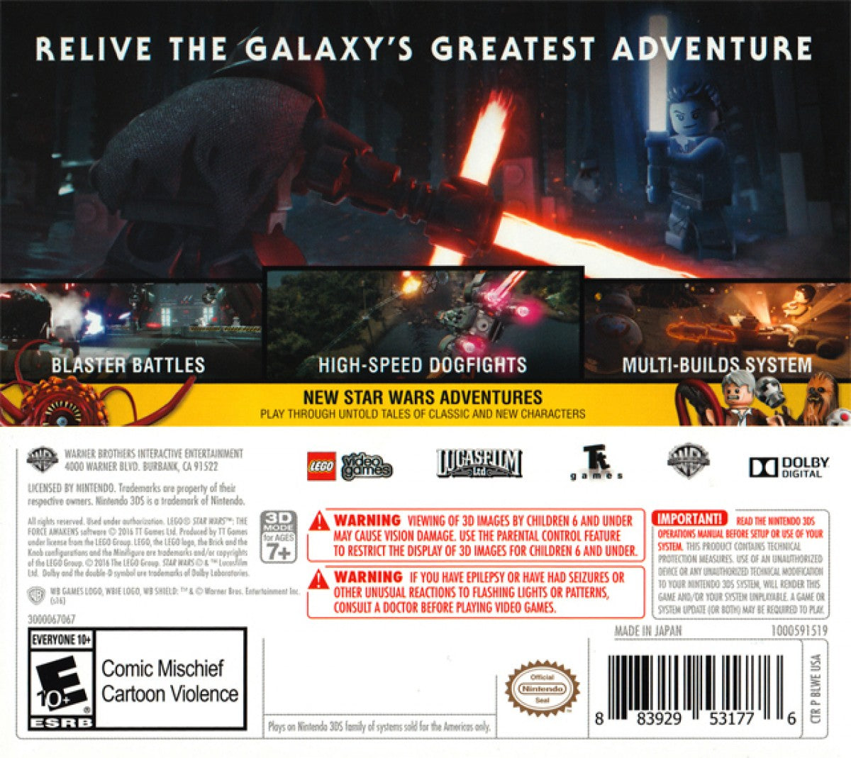 LEGO Star Wars The Force Awakens Nintendo 3DS 3DS action adventure video game featuring LEGO characters Star Wars missions lightsaber battles blaster combat puzzle solving character abilities collectible items and classic Nintendo 3DS gameplay collectible gaming appeal back cover art