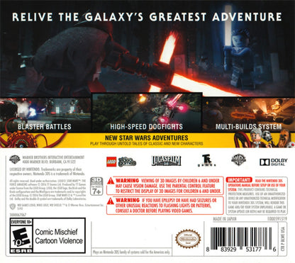 LEGO Star Wars The Force Awakens Nintendo 3DS 3DS action adventure video game featuring LEGO characters Star Wars missions lightsaber battles blaster combat puzzle solving character abilities collectible items and classic Nintendo 3DS gameplay collectible gaming appeal back cover art