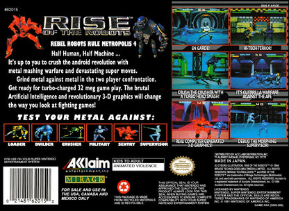 Rise of the Robots retro SNES video game Rise of the Robots sci fi fighting game robotic combat one on one battles futuristic action gameplay console title Super Nintendo release back of case
