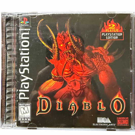 Diablo PlayStation PS1 for action role playing video game fans featuring dark fantasy dungeon exploration real time combat demon battles powerful weapons character progression loot collection spell casting challenging enemies and atmospheric gothic adventure collectible retro PlayStation gaming appeal cover art