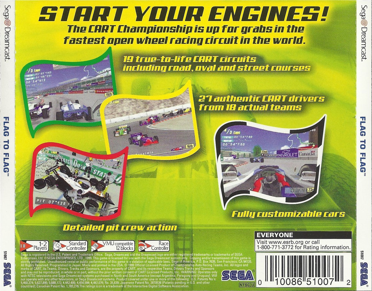 Flag to Flag game for the Sega Dreamcast featuring motorcycle racing simulation gameplay with realistic physics track racing modes time trials and competitive races focused on high speed two wheeled motorsport competition back cover  