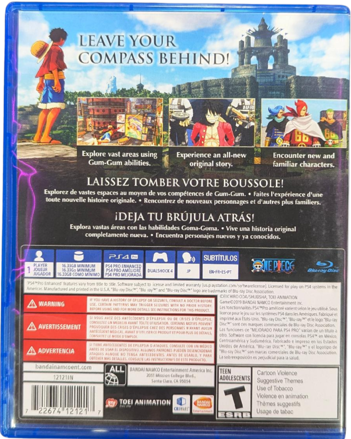 One Piece World Seeker PlayStation 4 game featuring open-world action-adventure gameplay based on the popular anime series back cover
