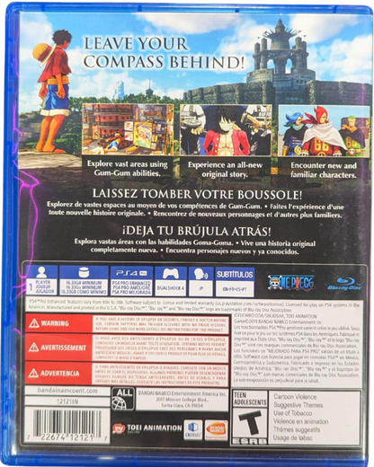 One Piece World Seeker PlayStation 4 game featuring open-world action-adventure gameplay based on the popular anime series back cover