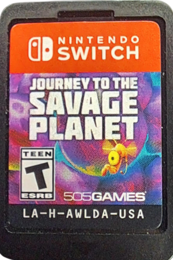 Journey to the Savage Planet Nintendo Switch inspired design featuring colorful sci fi exploration adventure aesthetic alien world discovery quirky humor cooperative gameplay exotic creatures vibrant environments first person action and survival presentation cartrridge