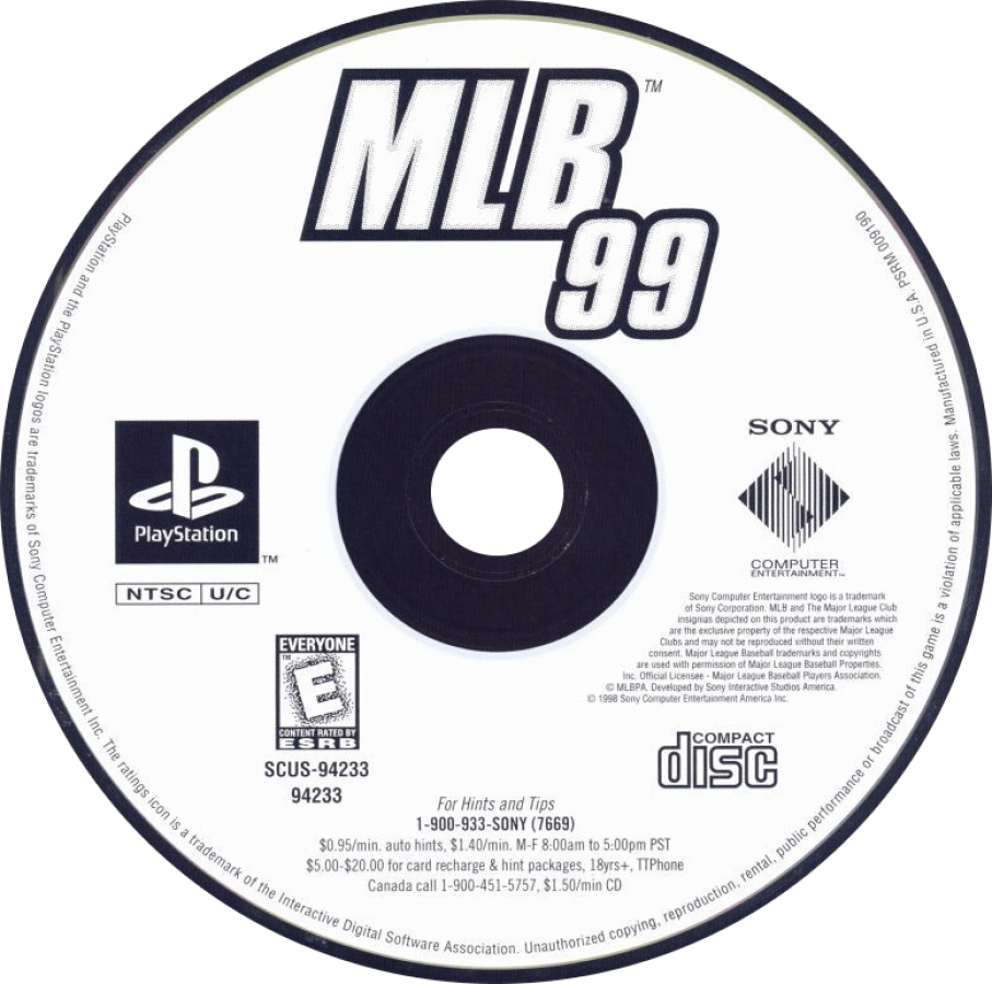 MLB 99 disc art for PlayStation 1 (PS1) retro baseball video game  