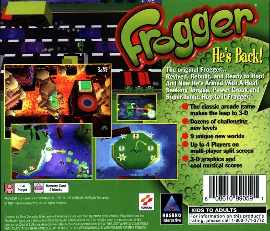 Frogger Greatest Hits release for the PlayStation featuring arcade style action gameplay with classic frog crossing mechanics dodging traffic and hazards across roads rivers and obstacle filled levels in a modern 3D presentation back cover