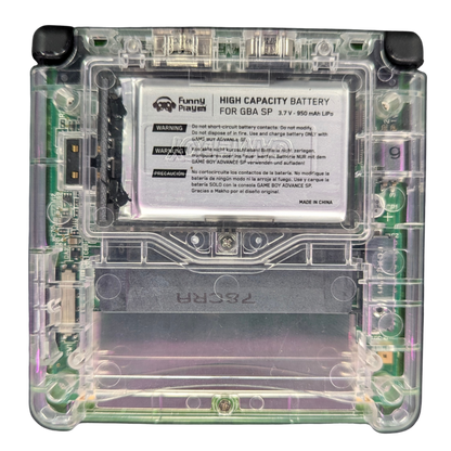 Game Boy Advance SP (GBA SP) [Custom Green Shell & IPS Screen Mod] at Gamers INC, featuring a vibrant, high-definition backlit IPS display for superior clarity and brightness, housed in a custom-built green shell with a modern aesthetic, offering a premium handheld experience for playing your entire library of classic GBA, GBC, and GB games on an upgraded system back battery