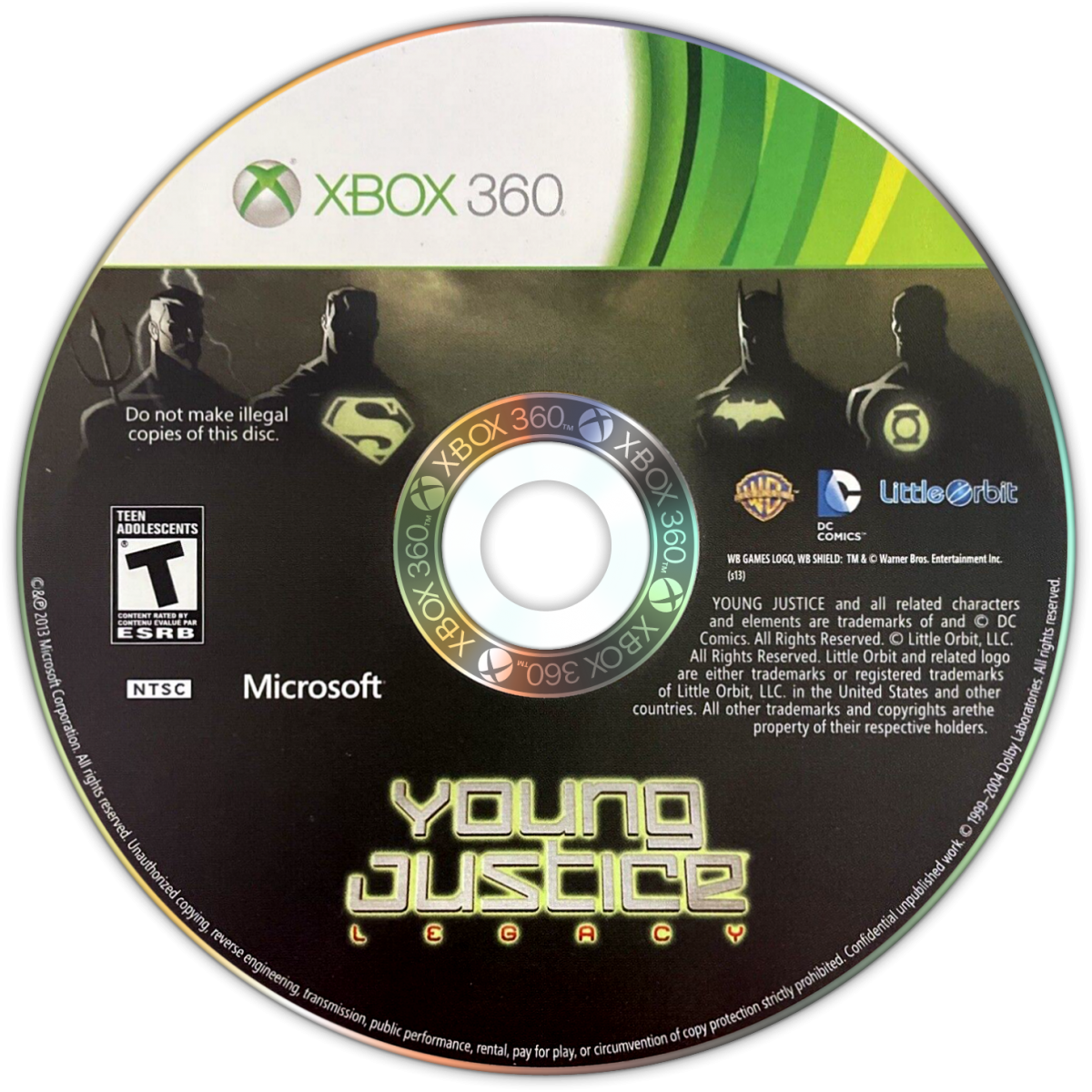 Young Justice Legacy game for the Xbox 360 featuring action RPG gameplay with team based combat character switching and a story set in the Young Justice universe with missions involving the Justice League and sidekicks across multiple locations disc