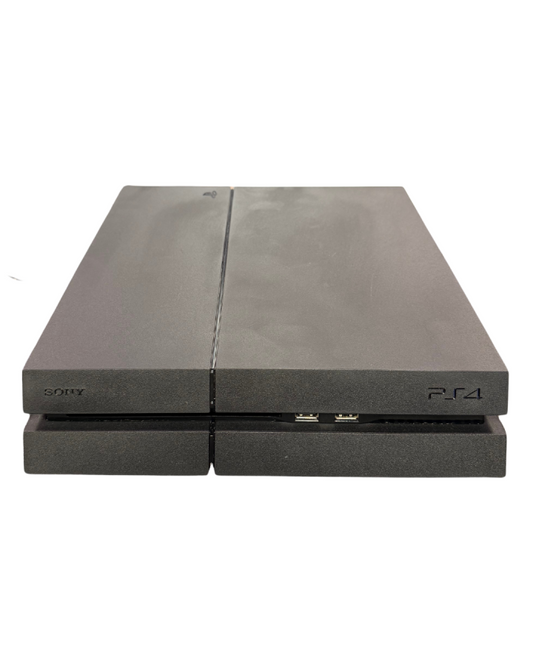 Front view of a matte black Sony PS4 console showing the disc slot, power and eject buttons, and logo.