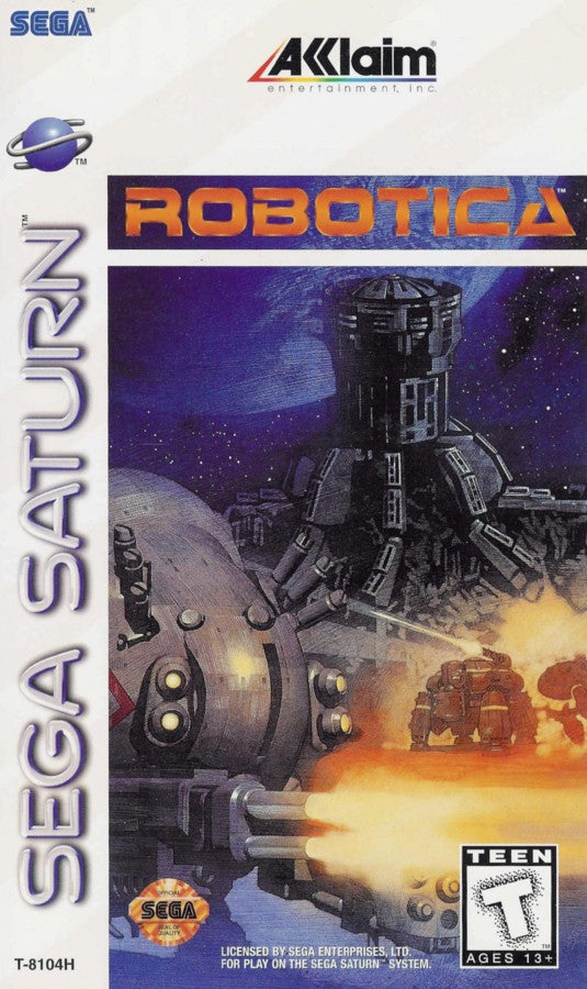 Robotica Sega Saturn first person sci fi shooter dungeon crawler cyberpunk setting procedural environments robot enemies exploration survival gameplay atmospheric futuristic combat retro gaming Sega Saturn software video game title cover art