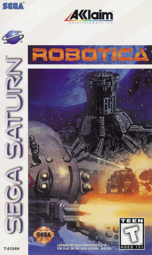 Robotica Sega Saturn first person sci fi shooter dungeon crawler cyberpunk setting procedural environments robot enemies exploration survival gameplay atmospheric futuristic combat retro gaming Sega Saturn software video game title cover art