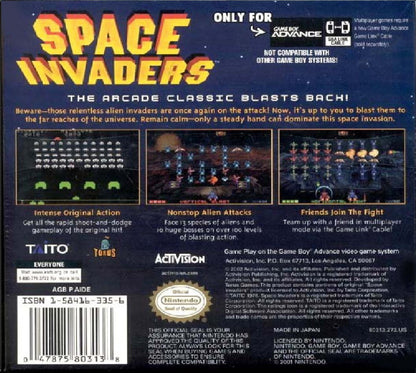Space Invaders Game Boy Advance GBA video game featuring classic arcade shooter gameplay alien invasion battles laser cannon action enemy formations bonus stages high score challenges and classic handheld gaming retro video game collection collectible gaming appeal back cover art