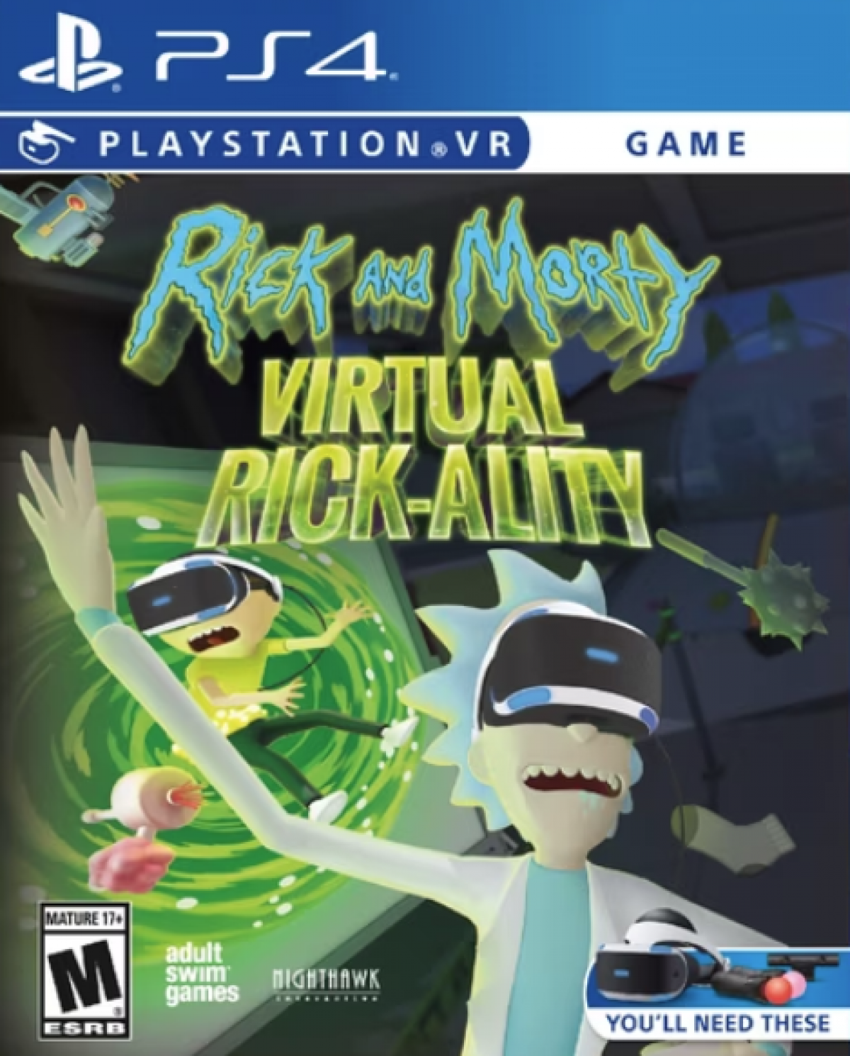Rick and Morty: Virtual Rick-ality – PlayStation 4 (PS4) video game cover image, virtual reality action-adventure
