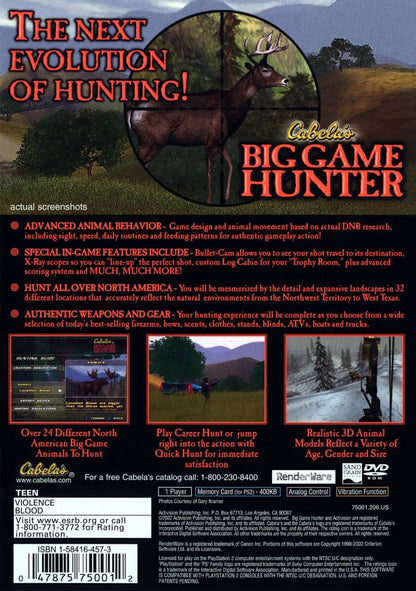 Cabela’s Big Game Hunter for PlayStation 2 with realistic hunting simulation and wildlife tracking theme back cover art