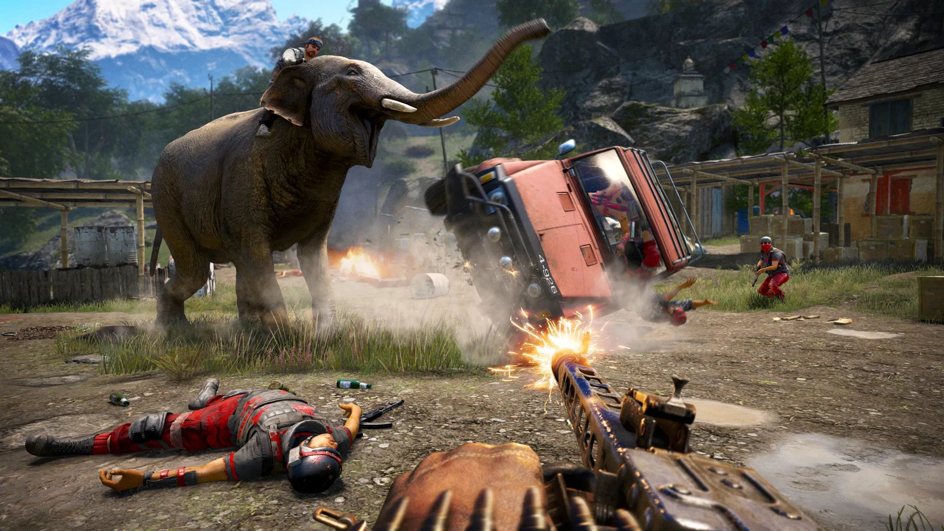 Far Cry 4 Xbox 360 open-world first-person shooter video game Ubisoft Kyrat Himalayas region Pagan Min villain Ajay Ghale protagonist elephant riding wing suit flying grappling hook co-op campaign online multiplayer outpost liberation tower climbing hunting crafting Shangri-La missions psychedelic sequences gameplay screenshot