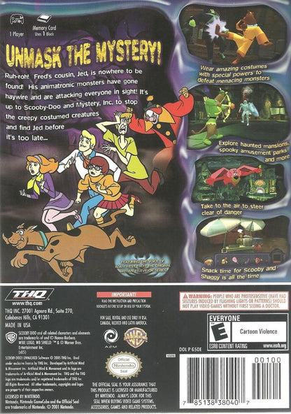 Back cover art for Scooby-Doo Unmasked GameCube GC video game, action platformer, mystery adventure, cartoon-based gameplay, family-friendly, Nintendo GameCube title