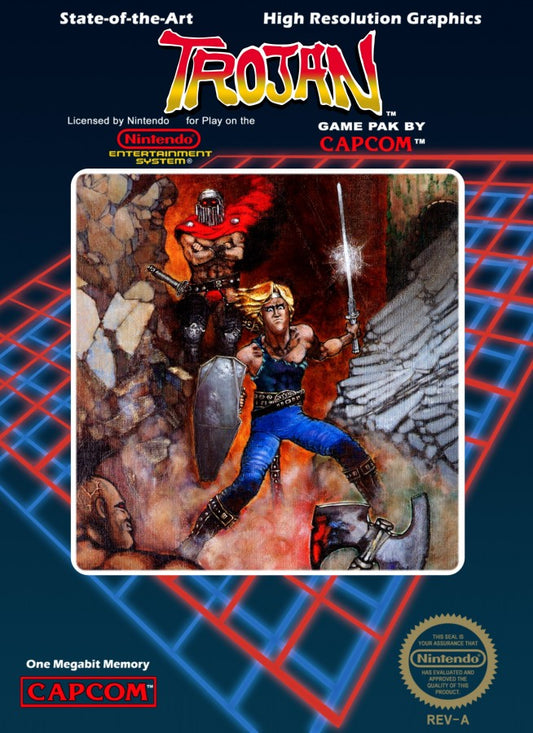Trojan 5 Screw Nintendo Entertainment System NES video game featuring side scrolling action gameplay martial arts combat enemy battles weapon attacks challenging stages boss fights arcade style action and classic 8 bit Nintendo gameplay retro video game collection collectible gaming appeal front cover art