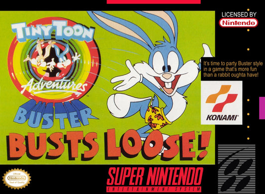 Buster Busts Loose game for the Super Nintendo Entertainment System featuring side scrolling platformer gameplay with cartoon style visuals fast paced levels special abilities and stages based on Tiny Toon Adventures starring Buster Bunny cover art