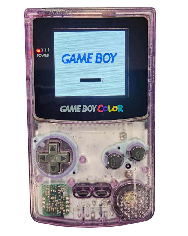 Nintendo Game Boy Color GBC Atomic Purple handheld gaming console featuring upgraded IPS backlit display vibrant translucent purple shell portable retro gaming compatible with Game Boy and Game Boy Color cartridges enhanced screen clarity authentic Nintendo hardware collectible gaming appeal front console