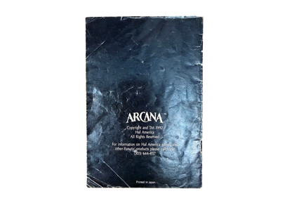 Arcana Super Nintendo SNES retro video game featuring classic fantasy RPG gameplay turn based combat dungeon exploration magic spells and strategic battles. Arcana SNES role playing adventure with collectible retro gaming appeal for Super Nintendo fans and RPG enthusiasts back of game manual