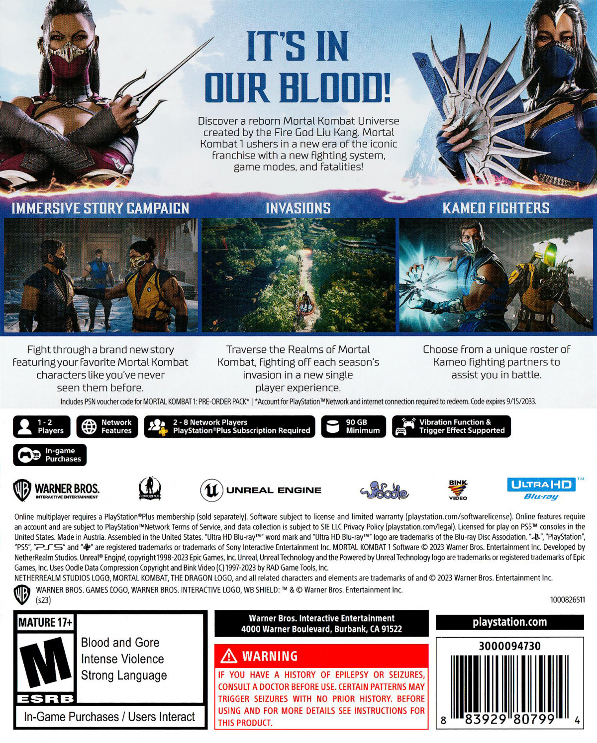 Mortal Kombat 1 PlayStation 5 PS5 for fighting video game fans featuring brutal one on one combat iconic fighters cinematic story mode online multiplayer signature Fatalities fast paced gameplay stunning visuals competitive tournament action collectible gaming appeal back box art