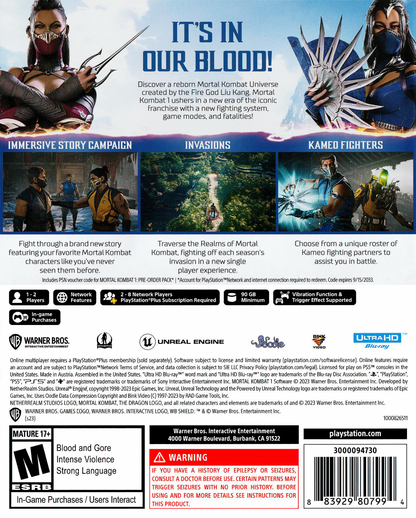 Mortal Kombat 1 PlayStation 5 PS5 for fighting video game fans featuring brutal one on one combat iconic fighters cinematic story mode online multiplayer signature Fatalities fast paced gameplay stunning visuals competitive tournament action collectible gaming appeal back box art