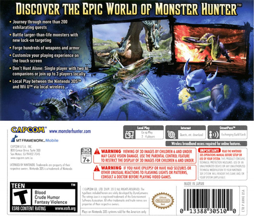 Monster Hunter 3 Ultimate back of case for Nintendo 3DS (3DS) action role-playing video game
