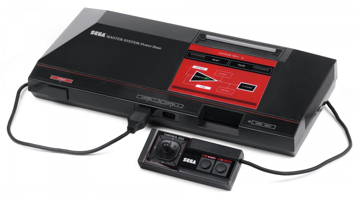 Sega Master System console inspired design featuring classic 8 bit gaming hardware aesthetic vintage Sega home entertainment system iconic cartridge based gameplay retro gaming history nostalgic console presentation console and controller