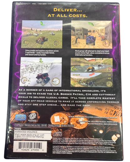 Smuggler's Run Greatest Hits edition for PlayStation 2 off road driving action game featuring open desert environments mission based gameplay vehicle chases arcade style racing back cover