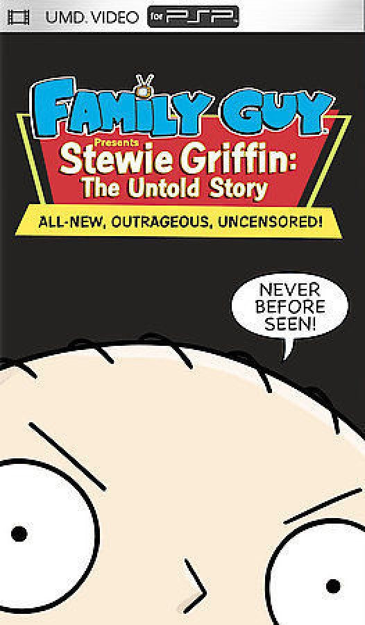 Family Guy Presents Stewie Griffin The Untold Story PSP Movie inspired design featuring animated comedy adventure aesthetic irreverent humor iconic Family Guy characters Stewie Griffin sci fi antics cartoon entertainment portable video format nostalgic handheld media presentation font cover
