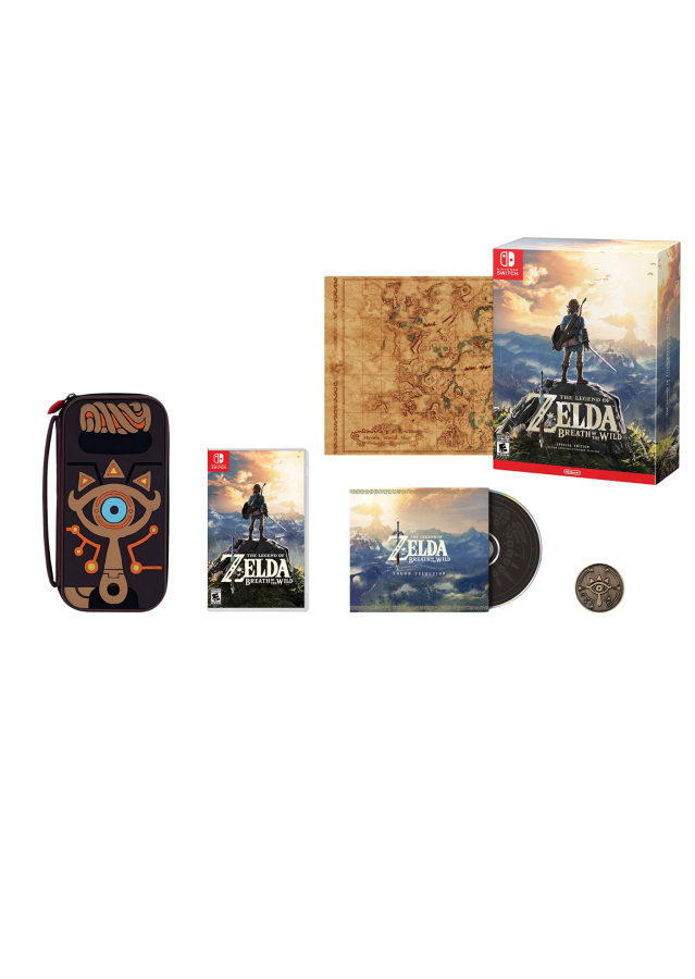 The Legend of Zelda Breath of the Wild Special Edition Nintendo Switch NS for action adventure video game fans featuring expansive open world exploration puzzle solving epic fantasy quests weapon crafting shrine challenges iconic Link adventure beautiful landscapes special edition content collectible gaming appeal merchandise OST switch case coin map