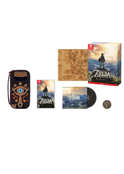 The Legend of Zelda Breath of the Wild Special Edition Nintendo Switch NS for action adventure video game fans featuring expansive open world exploration puzzle solving epic fantasy quests weapon crafting shrine challenges iconic Link adventure beautiful landscapes special edition content collectible gaming appeal merchandise OST switch case coin map