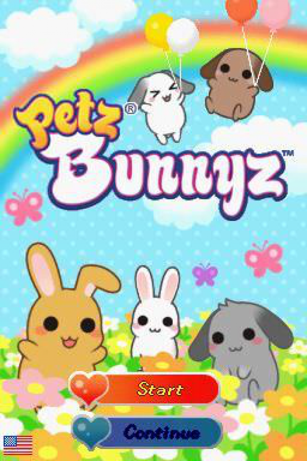 Petz Bunnyz for Nintendo DS (DS), title screen for a retro video game featuring pet care simulation gameplay, rabbit customization, mini-game challenges, nurturing activities, and family-friendly animal adventures