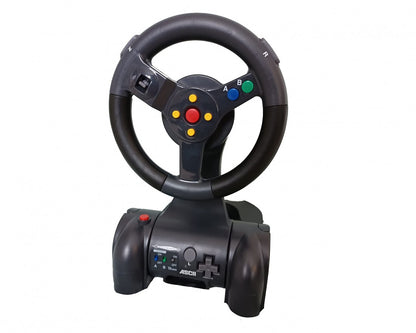 ASCII Nintendo 64 wheel controller featuring integrated steering wheel design with buttons and joystick for racing and driving games on the N64 console