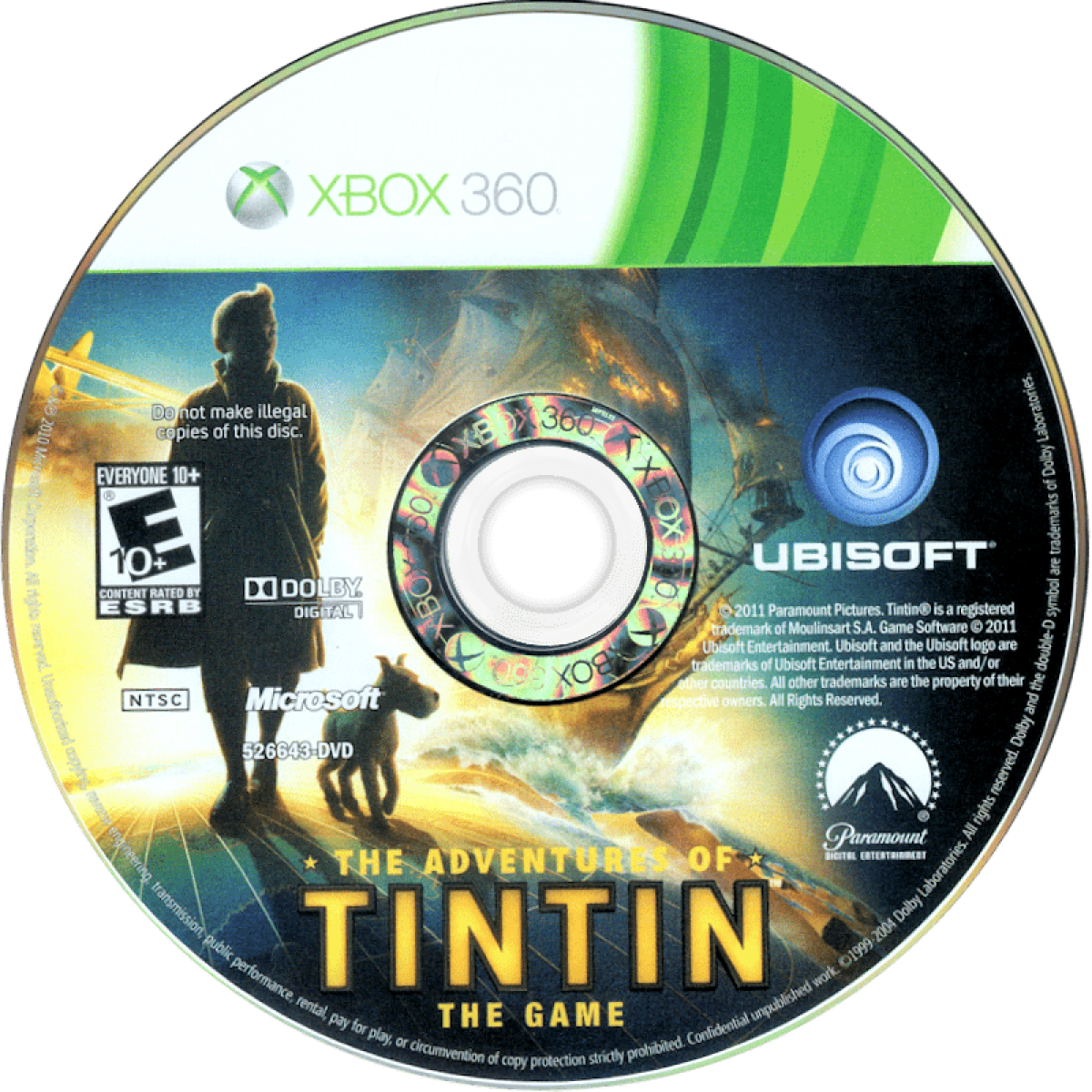 Adventures of Tintin: The Game cover art for Xbox 360 (X360) disc for video game
