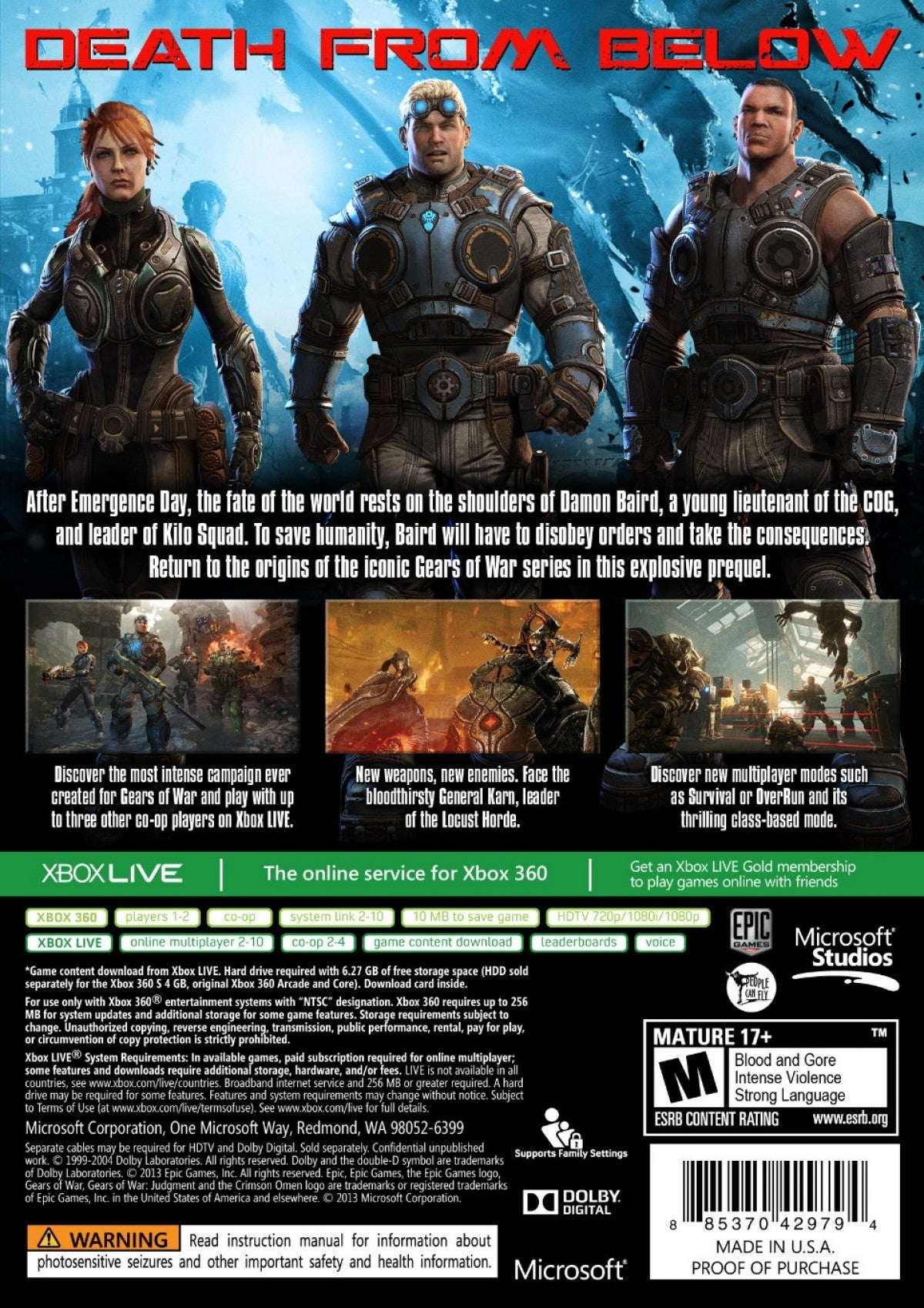 Gears of War: Judgment for Xbox 360 (X360) featuring a high-intensity prequel following Kilo Squad led by Damon Baird as they defy military orders to save Halvo Bay; experience the "Declassified" mission system for added challenge, faster-paced multiplayer, and the debut of the chaotic OverRun mode in this cinematic expansion of the Gears universe back cover