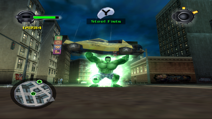 Hulk for GameCube featuring destructive action gameplay as the Incredible Hulk in an open environment gameplay screenshot