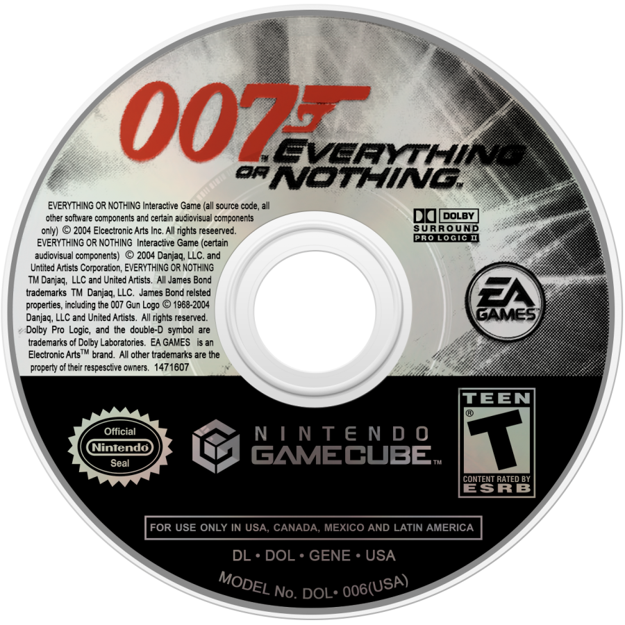 007 Everything or Nothing for GameCube featuring cinematic third person action and classic James Bond missions disc