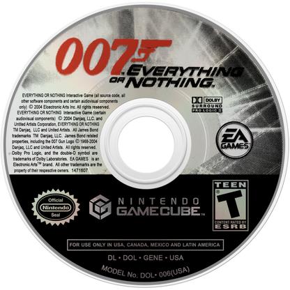 007 Everything or Nothing for GameCube featuring cinematic third person action and classic James Bond missions disc