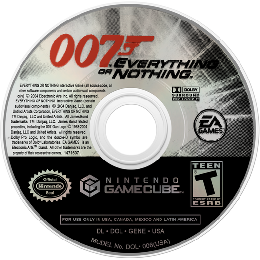 007 Everything or Nothing for GameCube featuring cinematic third person action and classic James Bond missions disc