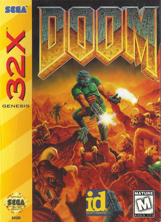 DOOM 32X Sega 32X first person shooter FPS classic id Software fast paced demon blasting action sci fi hellish levels iconic weapons shotgun chainsaw retro gaming Sega Genesis 32X software video game title cover art