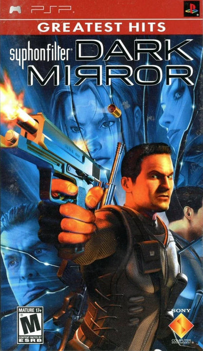Syphon Filter Dark Mirror Greatest Hits PlayStation Portable PSP for tactical shooter video game fans featuring stealth espionage missions third person combat precision shooting advanced gadgets covert operations multiplayer modes cinematic storytelling action packed spy adventure collectible gaming appeal front cover art