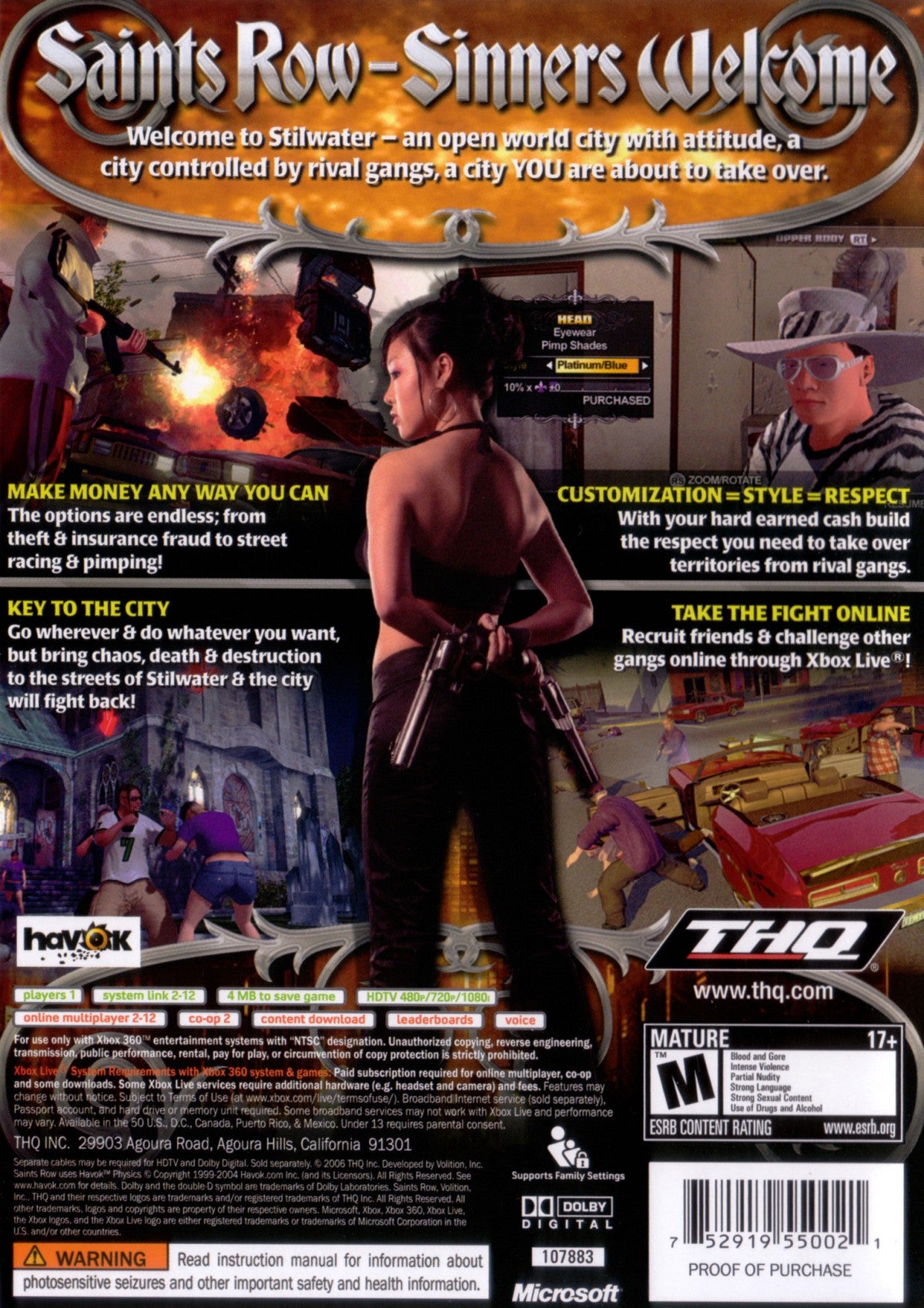 Saints Row for Xbox 360 open world action adventure video game featuring urban crime sandbox gameplay character customization gang warfare and explosive third person action experience back cover art