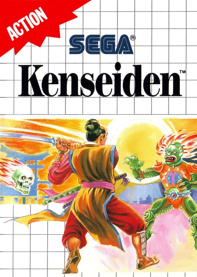 Kenseiden Sega Master System SMS action platformer video game featuring samurai combat feudal Japan exploration sword fighting supernatural enemies challenging stages powerful attacks Japanese mythology and classic Sega Master System SMS gameplay collectible retro gaming appeal front cover art