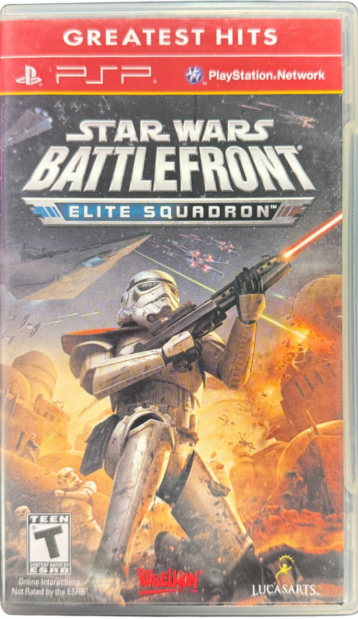 Star Wars Battlefront Elite Squadron Greatest Hits PlayStation Portable PSP for action shooter video game fans featuring large scale Star Wars battles space and ground combat customizable characters multiplayer gameplay iconic vehicles cinematic missions Rebel and Imperial warfare collectible gaming appeal cover art