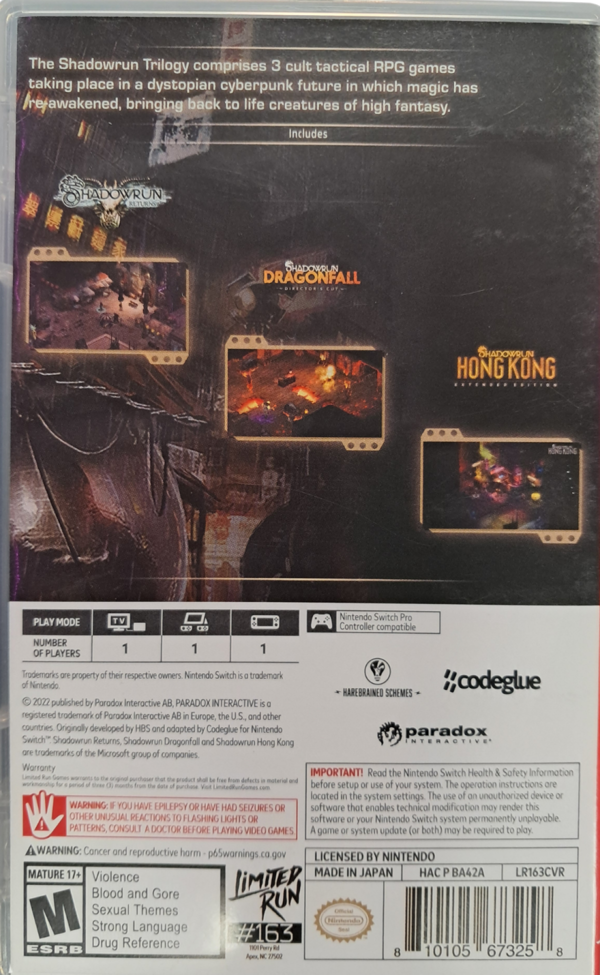 Shadowrun Trilogy Limited Run #163 Nintendo Switch inspired design featuring cyberpunk fantasy role playing adventure aesthetic futuristic dystopian cities magic and technology fusion tactical turn based combat deep narrative storytelling and atmospheric noir gameplay presentation back cover