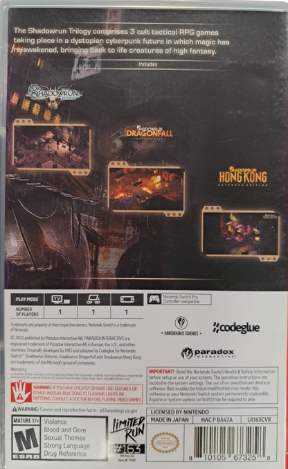 Shadowrun Trilogy Limited Run #163 Nintendo Switch inspired design featuring cyberpunk fantasy role playing adventure aesthetic futuristic dystopian cities magic and technology fusion tactical turn based combat deep narrative storytelling and atmospheric noir gameplay presentation back cover