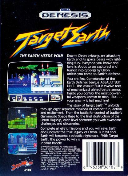 Target Earth Sega Genesis retro video game run and gun shooter back of case (1990)