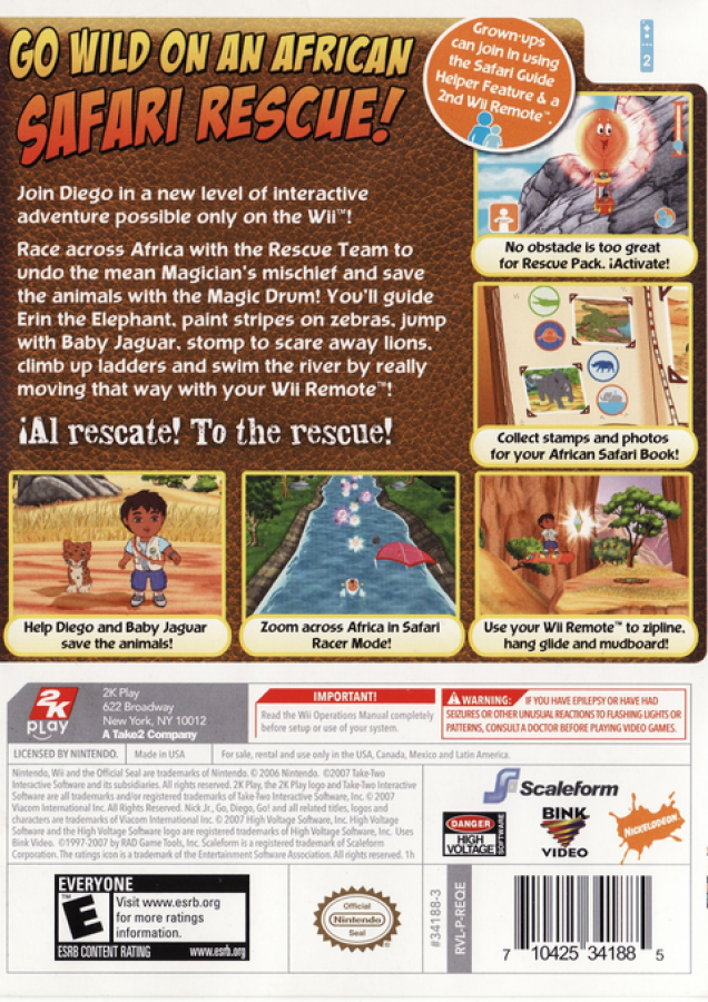 Go, Diego, Go: Safari Rescue – Nintendo Wii (Wii) educational adventure platformer back of case for video game